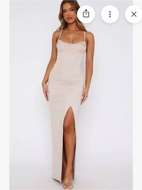 White Fox Boutique Nude Lace-Trim Spaghetti Strap Maxi Dress